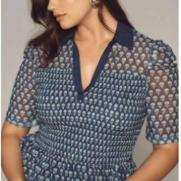 Maeve Blue Patterned Blouse with sheer sleeves and smocked waist. Small - Picture 1 of 5